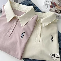 【初色】休閒簡約撞色拼接小熊刺繡半門襟翻領短袖POLO衫T恤上衣女上衣-共3色-10806(F可選) F 粉色