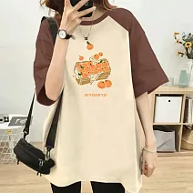 【MsMore】 爆款柿子印花純棉寬鬆大版落肩拼色牛角插肩短袖T恤中長上衣# 124561 M 咖啡拚杏色