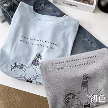 【初色】學院風多巴胺氣質寬鬆字母兔兔印花圓領短袖T恤上衣女上衣-共4色-10814(F可選) F 藍色