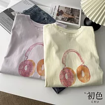 【初色】學院風清新純色寬鬆圓領耳罩圖案短袖T恤上衣女上衣-共4色-10815(F可選) F 奶黃色