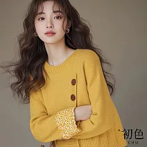 【初色】文藝風斜襟排釦圓領寬鬆落肩長袖毛衣針織衫上衣女上衣-黃色-10894(F可選) F 黃色