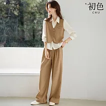 【初色】撞色假兩件拼接翻領長袖襯衫上衣女上衣+休閒純色闊腿褲褲寬褲長褲套裝-卡其色-11017(M-2XL可選) M 卡其色