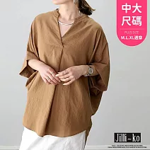 【Jilli~ko】日系氣質簡約小V領套頭寬鬆襯衫 J12165  FREE 卡其