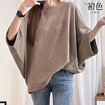 【初色】休閒純色大碼寬鬆顯瘦飛鼠袖短袖圓領上衣女上衣-共3色-11208(F可選) F 摩卡