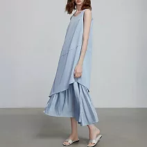 【MsMore】 浪漫絲光下擺歐若風拼接連身裙輕氧度假感天藍背心長洋裝# 124751 M 藍色