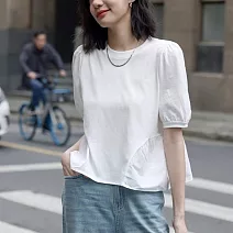 【MsMore】 法式寬鬆圓領短袖T恤設計感短版上衣# 124807 M 白色
