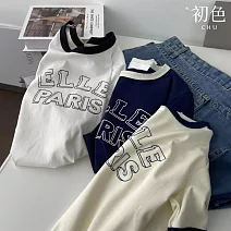 【初色】休閒風修身拼接撞色字母印花正肩圓領短袖T恤上衣女上衣-共3色-11363(F可選) F 白色