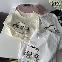 【初色】卡通插畫小狗印花減齡寬鬆圓領短袖T恤上衣女上衣-共4色-11369(F可選) F 白色