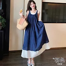 【初色】拼接格紋低圓領無袖背心裙連身裙長裙連衣洋裝-藍色格子-11774(M-2XL可選) M 藍色格子