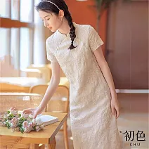 【初色】新中式棉麻風旗袍復古碎花刺繡修身短袖中長裙連身裙洋裝-米白色-11794(M-2XL可選) L 米白色