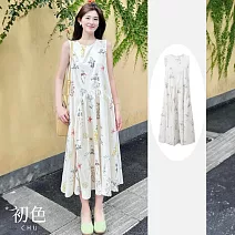 【初色】清新甜美寬鬆圖案印花圓領無袖背心裙中長裙連衣裙連身洋裝-花色-11833(M-2XL可選) M 花色