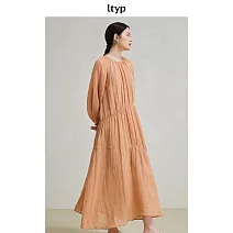 ltyp旅途原品 100%苧麻皺褶A字連衣裙 新款文藝優雅長款裙子女 M L  M 落日橘