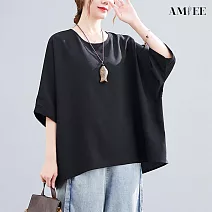 【AMIEE】純色圓領短袖T恤女上衣(KDTY-921B) F 黑色