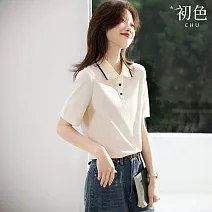 【初色】都市休閒風拼接撞色半門襟POLO領短袖T恤上衣女上衣-共2色-11537(M-2XL可選) M 米白色