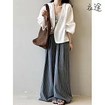 【衣途】條紋直筒高腰寬褲女長褲(KDPY-B215) M 藏藍條紋