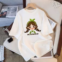 【初色】簡約可愛女孩字母愛心印花圓領短袖寬鬆T恤上衣女上衣-共2款5色-11524.11525(M-3XL可選) M 可愛女孩-白色