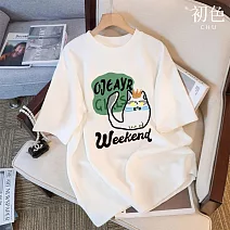 【初色】周末小貓/膠帶愛心印花休閒圓領短袖T恤上衣女上衣-共2款5色-11560.11561(M-3XL可選) M 周末小貓-白色
