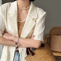 【MsMore】 歐洲時尚百搭肌理短袖小西裝外套棉松薄款休閒中長版# 124911 M 米白色