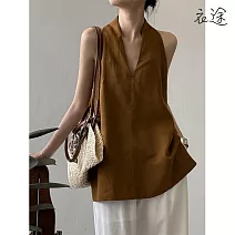 【衣途】簡約亞麻天絲v領無袖襯衫女上衣(KDTY-B316) M 南瓜色