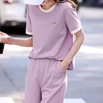 【MsMore】 玫瑰紫休閒套裝撞色圓領短袖上衣T恤直筒長褲兩件式# 124914 M 紫色