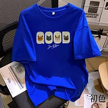 【初色】圓領短袖插圖貓咪印花休閒T恤上衣女上衣-共2款5色-11591.11592(M-3XL可選) M 復古貓牌-藍色