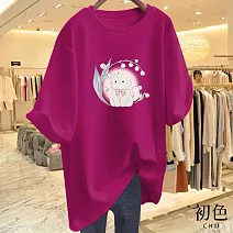 【初色】圓領短袖插圖貓咪印花休閒T恤上衣女上衣-共8色-11594(M-3XL可選) M 玫紅色
