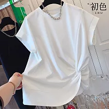 【初色】休閒隨性寬鬆顯瘦純色扭結圓領短袖T恤上衣女上衣-共2色-11887(M-2XL可選) M 白色