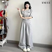 【AMIEE】短款收腰斜肩上衣高腰闊腿褲兩件套(KDAY-913) M 灰色