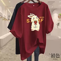 【初色】純色圓領短袖鮮花兔子印花休閒T恤上衣女上衣-共9色-11610(M-3XL可選) M 酒紅色