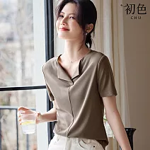 【初色】純色簡約設計感翻領短袖T恤修身顯瘦上衣女上衣-共2色-11937(M-2XL可選) M 咖駝色