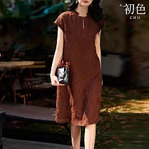 【初色】中式純色立體剪花氣名媛顯白短袖連衣裙連身洋裝中長洋裝-咖色-11920(M-2XL可選) M 咖色