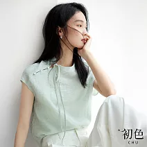 【初色】新中式亞麻風圓領斜襟珠釦寬鬆短袖襯衫上衣女上衣-共2色-12071(M-2XL可選) M 綠色