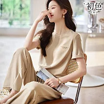 【初色】韓版簡約圓領短袖T恤上衣女上衣+純色百搭寬鬆闊腿褲休閒褲寬褲長褲套裝-杏色-12217(M-2XL可選) M 杏色