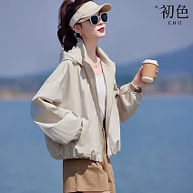 【初色】純色雙層薄款拉鍊口袋連帽長袖寬鬆外套女外套-共2色-12540(M-3XL可選) M 米黃色