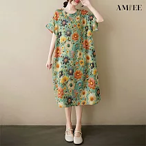 【AMIEE】棉麻大花寬鬆短袖過膝中長款連衣裙洋裝(KDDY-8157) FREE 藍綠花