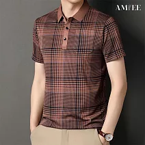【AMIEE】冰絲涼感格子條紋寬鬆Polo衫(男裝/KDTY-7709) M 棕紅