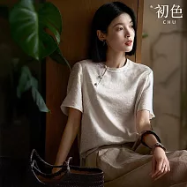 【初色】中式純色緹花盤扣圓領短袖T恤上衣女上衣-杏色-13068(M-XL可選) M 杏色