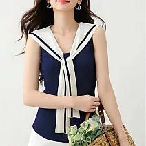 【MsMore】 撞色海軍披肩領無袖針織衫假兩件背心上衣# 125160 M 藏青色