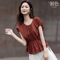 【初色】法式復古寬鬆純色圓領褶皺系帶收腰泡泡袖襯衫上衣女上衣-暗紅色-12692(M-2XL可選) M 暗紅色