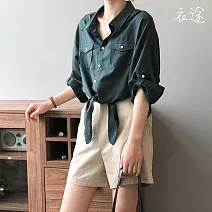 【衣途】復古港味寬鬆設計感襯衫(KDTY-B927) M 墨綠色