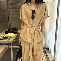 【ACheter】 工裝翻領短袖襯衫西裝闊腿長褲兩件式套裝# 125478 FREE 卡其色