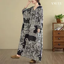 【AMIEE】棉麻假風旅遊V領復古連身裙洋裝(KDDY-5027) FREE 黑色花