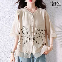 【初色】氣質風寬鬆顯瘦植物刺繡圓領七分袖雪紡襯衫上衣女上衣-共2色-13276(L-4XL可選) L 杏色