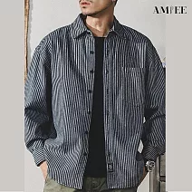 【AMIEE】日系休閒百搭直紋襯衫(男裝/KDTY-6067) M 藍色
