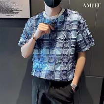 【AMIEE】格紋休閒設計潮流短袖上衣(男裝/KDTY-S103) M 藍色