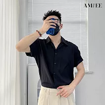 【AMIEE】雅痞古巴領半袖襯衫上衣(男裝/KDTY-C923) M 黑色