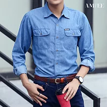【AMIEE】薄款長袖牛仔襯衫(男裝/KDTY-C009) L 淺藍色