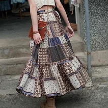【AnZa】拼貼民族風波西米亞大擺半身裙長裙    FREE 圖片色