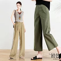 【初色】純色輕薄透氣亞麻寬鬆涼爽寬褲闊腿褲長褲-5款任選-13811(M-2XL可選) M A.淺黃色