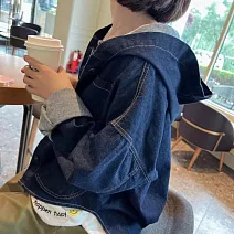 【MsMore】 韓國東大門休閒寬鬆落肩長袖連帽牛仔外套# 125555 FREE 藍色